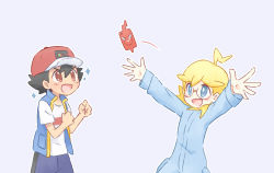 Rule 34 | 2boys, ahoge, akasaka (qv92612), ash ketchum, blonde hair, blue jumpsuit, blush, blush stickers, clemont (pokemon), clenched hands, commentary request, creatures (company), game freak, gen 4 pokemon, glasses, hands up, jumpsuit, long sleeves, multiple boys, nintendo, open mouth, outstretched arms, pokemon, pokemon (anime), pokemon (creature), pokemon journeys, pokemon xy (anime), rotom, rotom phone, spread fingers, tongue, v-shaped eyebrows