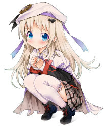 Rule 34 | 1girl, bad id, bad pixiv id, bat hair ornament, beret, black footwear, blonde hair, blue eyes, boots, bow, cape, full body, grey skirt, hair ornament, hat, large buttons, little busters!, looking at viewer, noumi kudryavka, pink bow, plaid, plaid skirt, ratryu, school uniform, skirt, solo, squatting, thighhighs, white hat, white thighhighs