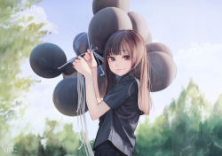 Rule 34 | 1girl, artist name, bad id, bad pixiv id, balloon, black serafuku, blue sky, blunt bangs, blurry, blurry background, blush, brown hair, closed mouth, day, eyebrows, from side, highres, holding, lips, long hair, looking at viewer, looking to the side, original, outdoors, purple eyes, school uniform, serafuku, short sleeves, sky, smile, solo, tree, upper body, yunamul