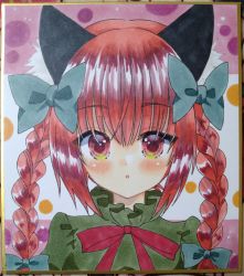 Rule 34 | 1girl, :o, animal ears, bow, braid, cat ears, hair bow, hair ribbon, highres, kaenbyou rin, looking at viewer, one-hour drawing challenge, open mouth, red eyes, red hair, ribbon, shikishi, tail, touhou, traditional media, tress ribbon, twin braids, zenra1112