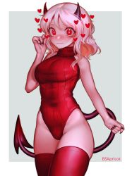 Rule 34 | 1girl, absurdres, artist name, bare arms, bare shoulders, black horns, blush, breasts, bsapricot, commentary, cowboy shot, demon girl, demon horns, demon tail, english commentary, grey background, hand up, heart, heart-shaped pupils, heattech leotard, helltaker, highleg, highleg leotard, highres, horns, large breasts, leotard, looking at viewer, modeus (helltaker), nail polish, red eyes, red leotard, red sweater, red thighhighs, ribbed leotard, ribbed sweater, short hair, simple background, solo, sweater, symbol-shaped pupils, tail, thighhighs, turtleneck, turtleneck sweater, wavy mouth, white hair