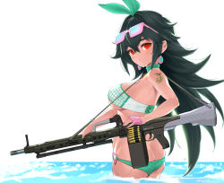 Rule 34 | 1girl, 5.56x45mm nato, ameli (ameli&#039;s receive) (girls&#039; frontline), ameli (girls&#039; frontline), ammunition, ammunition belt, ammunition box, ass, belt-fed, bikini, breasts, bullet, butt crack, carbine cartridge, cartridge, cetme, cetme ameli, choker, commentary request, covered erect nipples, cowboy shot, dmr cartridge, earrings, expressionless, eyewear on head, fingerless gloves, from behind, girls&#039; frontline, gloves, green bikini, green choker, green hair, green ribbon, gun, hair between eyes, hair ribbon, holding, holding gun, holding weapon, ingerdoll, intermediate cartridge, jewelry, large breasts, light machine gun, lmg cartridge, long hair, looking at viewer, looking back, m27 link, machine gun, messy hair, military cartridge, ocean, official alternate costume, pink gloves, red eyes, ribbon, rifle cartridge, sidelocks, skindentation, solo, strap, sunglasses, swimsuit, tattoo, very long hair, wading, water, weapon, wet, white background