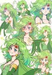 Rule 34 | 1girl, aqua eyes, bare shoulders, blush, breasts, cape, cleavage, detached sleeves, dress, earrings, final fantasy, final fantasy iv, green cape, green dress, green hair, hair ornament, hand on own hip, hand to own mouth, hands on own chest, highres, jewelry, lace-up sleeves, long hair, medium breasts, multiple views, open mouth, own hands together, parted bangs, pointing, rydia (ff4), sa kichi, smile, star (symbol), star earrings, sweat, teardrop, teeth, upper body, wavy hair, white background