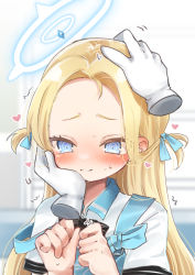 Rule 34 | 1girl, 1other, @ @, apron, blonde hair, blue apron, blue archive, blush, clenched hands, ear blush, forehead, full-face blush, hair ribbon, halo, hand on another&#039;s cheek, hand on another&#039;s face, headpat, heart, highres, light smile, long hair, looking down, namekuji (namekuzu), pov, pov hands, ribbon, sora (blue archive), straight hair, sweatdrop, trembling, upper body, very long hair