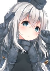 Rule 34 | 10s, 1girl, blonde hair, blue eyes, cropped jacket, expressionless, garrison cap, hair between eyes, hat, kantai collection, long hair, looking at viewer, military, military uniform, mitsuki yuu, puffy sleeves, silver hair, simple background, solo, tareme, u-511 (kancolle), uniform, upper body, white background