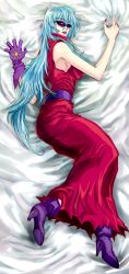 Rule 34 | 1girl, archnemon, armpits, bare shoulders, bed sheet, belt, blue hair, boots, dakimakura (medium), digimon, digimon (creature), digimon adventure 02, dress, elbow gloves, eno456, full body, gloves, lipstick, long dress, long hair, looking at viewer, lying, makeup, nail polish, parted lips, single glove, solo, very long hair