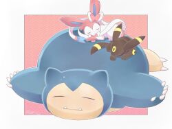 Rule 34 | animal focus, bow, claws, closed eyes, creatures (company), dated, fang, game freak, gen 1 pokemon, gen 2 pokemon, gen 6 pokemon, highres, lying, munarei1, nintendo, no humans, pokemon, pokemon (creature), ribbon, signature, sleeping, smile, snorlax, sylveon, umbreon