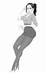 Rule 34 | 1girl, adjusting eyewear, blush, bobobong, breasts, closed mouth, coffee, coffee cup, commentary, cup, disposable cup, full body, greyscale, hand up, high heels, holding, lips, long hair, long legs, looking at viewer, medium breasts, monochrome, office lady, original, pantyhose, parted bangs, pencil skirt, ponytail, pumps, shoes, simple background, skirt, sleeves rolled up, solo, steam, stiletto heels, white background
