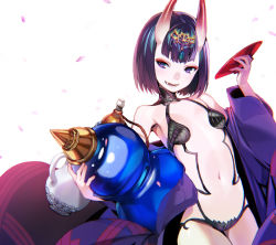 Rule 34 | 1girl, breasts, chromatic aberration, cup, fangs, fate/grand order, fate (series), gourd, hair ornament, horns, japanese clothes, kimono, looking at viewer, navel, off shoulder, oni, onono imoko, open clothes, open kimono, open mouth, purple eyes, purple hair, sakazuki, short hair, shuten douji (fate), shuten douji (first ascension) (fate), skin-covered horns, small breasts, smile, solo, thighs