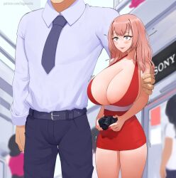 Rule 34 | 1boy, 1girl, absurdres, blush, breasts, hand on another&#039;s shoulder, highres, huge breasts, long hair, mature female, oshi no ko, pink hair, puri (wettypeach), saitou miyako, surprised, taut clothes
