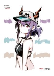 Rule 34 | 1girl, arknights, bare shoulders, baseball cap, bikini, black bikini, ch&#039;en (arknights), ch'en (arknights), character name, color guide, cropped torso, dated, deel (rkeg), dragon horns, female tourist c (arknights), halterneck, hat, highres, horns, horns through headwear, long hair, looking at viewer, midriff, official alternate costume, one-hour drawing challenge, ponytail, purple hair, red eyes, sidelocks, solo, swimsuit, white hat