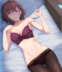 Rule 34 | 1girl, bare arms, bare shoulders, bed, bed sheet, black pantyhose, blush, bra, breasts, cellphone, cleavage, collarbone, floral print, from above, groin, hair between eyes, highres, higuchi madoka, idolmaster, idolmaster shiny colors, indoors, looking at viewer, lying, medium breasts, nail polish, navel, on back, on bed, panties, panties under pantyhose, pantyhose, phone, pillow, red bra, red eyes, red hair, red panties, short hair, shougun (chuckni1), signature, solo, strap slip, sweat, underwear, underwear only