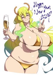Rule 34 | 1girl, 2024, bare shoulders, bikini, blonde hair, breasts, champagne flute, closed eyes, closed mouth, collarbone, covered erect nipples, cowboy shot, cup, curvy, dragon horns, drinking glass, gradient hair, green hair, hair between eyes, happy new year, highres, horns, huge breasts, kobayashi-san chi no maidragon, lucoa (maidragon), multicolored hair, navel, new year, plump, shiny skin, simple background, skindentation, smile, solo, standing, stomach, suphesol, swimsuit, two-tone hair, v, white background, yellow bikini