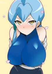 Rule 34 | 1girl, aqua hair, bare shoulders, black skirt, blue hair, blue shirt, blush, breasts, cardfight!! vanguard, closed mouth, crossed arms, facing viewer, female focus, gillian chen, gradient background, heart, large breasts, long hair, looking at viewer, nose blush, oda koziki, shirt, signature, simple background, skirt, solo, upper body, yellow background, yellow eyes