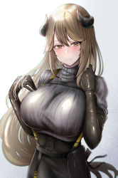 Rule 34 | 1girl, absurdres, arknights, blonde hair, breasts, closed mouth, elbow gloves, gloves, highres, horns, large breasts, long hair, looking at viewer, meteorite (arknights), poni (poni arknights), simple background, solo, sweater, upper body, very long hair