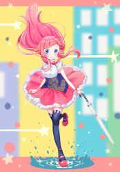 Rule 34 | 1girl, blue eyes, blunt bangs, blush, closed umbrella, corset, drop pop candy (vocaloid), floating hair, frilled skirt, frills, full body, highres, holding, holding umbrella, ichigo daifuku (ichigo1923), long hair, parted lips, pink hair, short sleeves, skirt, solo, standing, standing on one leg, star (symbol), thighhighs, umbrella, vocaloid