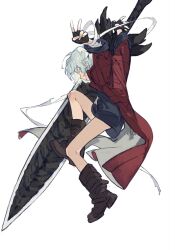 Rule 34 | 1boy, aged down, arms up, bandaged arm, bandages, black gloves, black shirt, blue eyes, boots, bottomless, brown footwear, child, dante (devil may cry), devil may cry (series), fingerless gloves, from side, full body, gloves, gougougougou, highres, huge weapon, jacket, jumping, knee up, long sleeves, looking at viewer, loose bandages, male focus, profile, red jacket, shirt, short hair, sideways glance, solo, sword, v, weapon, white background, white hair