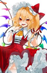 Rule 34 | 1girl, ascot, blonde hair, blood, blood on hands, bow, brooch, crystal, fang, flandre scarlet, frilled shirt, frilled shirt collar, frilled skirt, frilled sleeves, frills, gotou (nekocat), hat, hat ribbon, highres, jewelry, medium hair, mob cap, one side up, puffy short sleeves, puffy sleeves, red bow, red eyes, red ribbon, red skirt, red vest, ribbon, shirt, short sleeves, simple background, skirt, solo, thighhighs, touhou, vest, white background, white hat, white shirt, white thighhighs, wings, yellow ascot