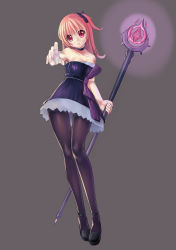Rule 34 | 1girl, absurdres, aion, bare shoulders, black dress, black pantyhose, bow, breasts, choker, collarbone, dress, full body, gem, glowing, hair bow, head tilt, highres, long hair, mary janes, original, outstretched arm, pantyhose, pink hair, red eyes, ririko (zhuoyandesailaer), shoes, short dress, short hair, simple background, solo, staff, strapless, strapless dress
