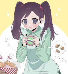 Rule 34 | 1girl, apron, blue eyes, coin, commentary request, cookie, food, hungry, long hair, long sleeves, mega man (series), mega man battle network, mega man battle network (series), mega man battle network 4, purple hair, saliva, shuko kido (mega man), solo, translation request, uru-arrow, wallet