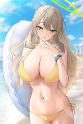Rule 34 | 1girl, absurdres, beach, bikini, blue archive, blue sky, blurry, blurry background, breasts, cleavage, cloud, collarbone, day, dot nose, green eyes, halo, hand up, highres, holding, holding swim ring, innertube, large breasts, light brown hair, long hair, looking at viewer, n9at, navel, nonomi (blue archive), nonomi (swimsuit) (blue archive), outdoors, parted lips, side-tie bikini bottom, sky, solo, stomach, swim ring, swimsuit, wavy hair, wristband, yellow bikini