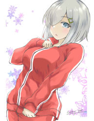 Rule 34 | 1girl, alternate costume, blue eyes, breasts, cowboy shot, gakky, grey hair, hair ornament, hair over one eye, hairclip, hamakaze (kancolle), jacket, kantai collection, large breasts, looking at viewer, one-hour drawing challenge, pants, red jacket, red pants, short hair, solo, track jacket, track pants, track suit