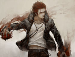 Rule 34 | 10s, 1boy, blouse, fire, flaming hand, jacket, k-project, male focus, manly, midriff peek, red eyes, red hair, shirt, short hair, smoke, solo, suoh mikoto, v-neck, white-corner, white shirt
