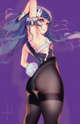 Rule 34 | 1girl, arm garter, arm up, armpits, ass, black leotard, black pantyhose, bra, breasts, commentary, hair ornament, hand in own hair, highres, jill stingray, leotard, looking at viewer, looking back, pantyhose, playboy bunny, puk (higanbana doujin), purple background, purple hair, rabbit hair ornament, rabbit tail, red eyes, see-through, see-through legwear, signature, small breasts, solo, tail, thighband pantyhose, thighs, underwear, va-11 hall-a, white bra, wrist cuffs