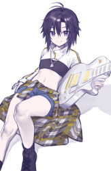 Rule 34 | 1girl, abs, absurdres, antenna hair, arm at side, bandeau, black bandeau, black footwear, black hair, black shirt, black socks, blue shorts, bodysuit, boots, breasts, closed mouth, clothes around waist, commentary, cropped jacket, denim, denim shorts, dog tags, foot out of frame, guitar, highres, holding, holding instrument, idolmaster, idolmaster (classic), instrument, jacket, jewelry, kikuchi makoto, knee up, leaning back, long sleeves, looking at viewer, midriff, multicolored bodysuit, multicolored clothes, navel, necklace, on ground, plaid, plaid shirt, purple eyes, ribbed socks, shirt, shirt around waist, short hair, short shorts, shorts, simple background, single vertical stripe, sitting, small breasts, smile, socks, solo, vickyycy99, white background, white shirt, yellow shirt, zipper pull tab