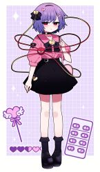 1girl absurdres bag black_bow black_bowtie black_footwear black_hairband black_ribbon black_skirt black_socks blush bow bowtie buttons closed_mouth collared_shirt commentary_request frilled_shirt_collar frills full_body hair_ornament hair_ribbon hairband heart heart_hair_ornament highres komeiji_satori looking_at_viewer nail_polish pink_bag pink_shirt purple_hair red_eyes ribbon shirt shoes short_hair short_sleeves shoulder_bag skirt socks solo third_eye touhou you_(noanoamoemoe)