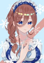Rule 34 | 1girl, apron, artist request, blue eyes, blue ribbon, brown hair, dress, go-toubun no hanayome, hair between eyes, hair ornament, highres, holding, holding jewelry, jewelry, long hair, looking at viewer, maid apron, maid headdress, nakano miku, necklace, ponytail, ribbon, smile