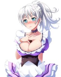 Rule 34 | 1girl, alternate hairstyle, baek hyang&#039;geum, bang dream!, blue eyes, blush, breasts, candy, chocolate, chocolate heart, cleavage, closed mouth, food, food on body, food on breasts, frown, heart, highres, large breasts, long hair, looking at viewer, ponytail, pout, simple background, solo, wakamiya eve, white background, white hair