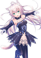 Rule 34 | 1girl, absurdres, agrius metamorphosis, ahoge, animal ears, arms at sides, atalanta (fate), atalanta alter (fate), atalanta alter (first ascension) (fate), bare shoulders, black dress, black pants, black pantyhose, blush, braid, breasts, cat ears, collar, cowboy shot, detached sleeves, dress, fangs, fate/grand order, fate (series), gauntlets, green eyes, hair between eyes, halterneck, head tilt, highres, leaning to the side, leg up, long hair, looking at viewer, muragaki (sgxx4878), open mouth, pants, pantyhose, side braid, silver hair, solo, standing, standing on one leg, tail, very long hair, white background