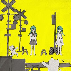 Rule 34 | 2girls, blue hair, cat, closed mouth, dress, expressionless, glasses, hatsune miku, highres, looking at another, multiple girls, omocat (style), omori, parody, railroad signal, railroad tracks, sapgoon, shirt, simple background, strobe last (vocaloid), style parody, vocaloid, white dress, white shirt, yellow background