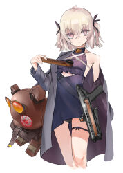 1girl breasts closed_mouth commentary cropped_legs dress english_commentary expressionless girls&#039;_frontline gun hair_between_eyes handgun highres holding holding_magazine_(weapon) kel-tec_p50 looking_at_viewer magazine_(weapon) p50_(girls&#039;_frontline) panties panty_peek pink_eyes purple_dress pyhsole short_hair short_twintails simple_background small_breasts solo straitjacket stuffed_animal stuffed_toy teddy_bear twintails underwear weapon white_background white_hair