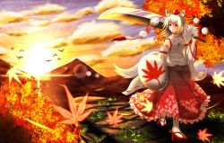 Rule 34 | 1girl, animal ears, autumn leaves, bad id, bad pixiv id, bird, cloud, ddfftasogare, detached sleeves, geta, grass, hat, high collar, highres, inubashiri momiji, leaf, lens flare, looking back, maple leaf, mountain, outdoors, path, pom pom (clothes), red eyes, road, shield, short hair, skirt, smile, solo, sunset, sword, tabi, tail, tasogare (ddfftasogare), tengu-geta, tokin hat, touhou, tree, weapon, white hair, wolf ears, wolf tail