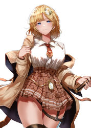 Rule 34 | 1girl, black thighhighs, blonde hair, blue eyes, blush, breasts, brown coat, closed mouth, coat, collared shirt, commentary request, cowboy shot, dress shirt, hair ornament, highres, hololive, hololive english, jojobirdz, large breasts, long sleeves, looking at viewer, magnifying glass, mustache print, necktie, off shoulder, open mouth, plaid, plaid skirt, pocket watch, shirt, shirt tucked in, short hair, short necktie, simple background, skirt, smile, solo, syringe, thigh strap, thighhighs, thighs, virtual youtuber, watch, watson amelia, watson amelia (1st costume), white background