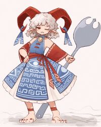 Rule 34 | 1girl, ankleband, barefoot, blue dress, blush, commentary request, curly hair, detached sleeves, dress, earrings, expressionless, eye print, flat chest, full body, grey background, grey hair, hand on own hip, highres, holding, holding spork, horizontal pupils, horn ornament, horn ribbon, horns, jewelry, kaginoni, looking at viewer, meandros, medium hair, nail polish, one eye closed, oversized object, patterned clothing, petticoat, pointy ears, rectangular pupils, red eyes, red horns, red nails, red sash, red sleeves, ribbon, sash, sharp teeth, sheep horns, short bangs, simple background, solo, standing, teeth, toenail polish, toenails, touhou, toutetsu yuuma