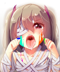 Rule 34 | 1girl, absurdres, bandage over one eye, bandaged head, bandages, collarbone, eyes visible through hair, fangs, highres, light brown hair, open mouth, original, paint, paint splatter, paint splatter on face, red eyes, saliva, solo, suzune kou, tongue, tongue out, twintails, upper body