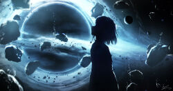 Rule 34 | 1girl, absurdres, black hole, blue theme, bob cut, bubble, chinese commentary, commentary request, cowboy shot, dark, from side, highres, monochrome, original, profile, rock, scenery, short hair, signature, silhouette, skyrick9413, solo, standing