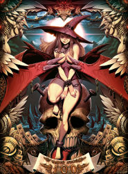 Rule 34 | 1girl, :p, barefoot, blonde hair, bottomless, bound, bound wrists, breasts, censored, chain, cleavage, corset, demon girl, demon wings, genzoman, hat, large breasts, long hair, looking at viewer, naughty face, no bra, no panties, original, own hands together, red eyes, skull, thighs, tongue, tongue out, wing censor, wings, witch hat