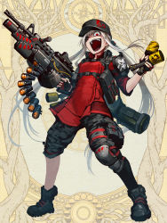 Rule 34 | 1girl, ammunition, ammunition belt, anti-materiel cartridge, armor, asymmetrical legwear, automatic grenade launcher, belt-fed, beta c-mag, black footwear, black hat, black sclera, black shorts, boots, breasts, brown background, camouflage, camouflage shorts, colored sclera, dairoku ryouhei, double-drum magazine, drum magazine, explosive, fingerless gloves, full body, gloves, grenade, grenade cartridge, grenade launcher, gun, hand grenade, hat, heterochromia, hetza (hellshock), high-capacity magazine, holding, holding weapon, horizontal forward grip, knee pads, large-caliber cartridge, long hair, machine gun, magazine (weapon), mismatched sclera, multi-weapon, open mouth, red eyes, red gloves, red shirt, rocket launcher, shirt, shorts, shoulder armor, sidelocks, sleeves rolled up, small breasts, smile, solo, standing, stick grenade, teeth, twintails, underbarrel grenade launcher, very long hair, weapon, white hair