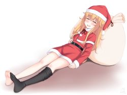 Rule 34 | 1girl, 2017, absurdres, arm at side, artist name, barefoot, belt, black thighhighs, blush, capelet, christmas, closed mouth, dress, drooling, closed eyes, feet, from side, full body, fur trim, gabriel dropout, gabriel tenma white, hair between eyes, hand on own stomach, hat, highres, long hair, long sleeves, loose thighhigh, lying, messy hair, on back, open mouth, pom pom (clothes), red dress, sack, sainohikari, saliva, santa costume, santa hat, signature, single thighhigh, sleeping, solo, thighhighs, very long hair, white background