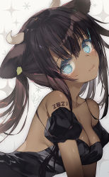 Rule 34 | 1girl, animal ears, bare shoulders, black dress, black hair, blue eyes, blush, breasts, cleavage, closed mouth, collarbone, colored eyelashes, commentary request, cow ears, cow girl, cow horns, dark-skinned female, dark skin, detached sleeves, dress, eyelashes, female focus, head tilt, horns, long hair, looking at viewer, medium breasts, original, puffy short sleeves, puffy sleeves, satsuki misuzu, short sleeves, smile, solo, sparkle background, strapless, strapless dress, upper body