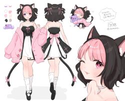 Rule 34 | 1girl, 25company, animal ear fluff, animal ears, black dress, black footwear, black hair, bow, cat ears, cat girl, cat tail, character sheet, choker, collarbone, color guide, commission, dress, food, frilled dress, frills, from behind, fruit, hair ribbon, heart, heart-shaped pupils, heart choker, heterochromia, highres, indie virtual youtuber, loose socks, medium hair, multicolored hair, off shoulder, one eye closed, open mouth, pink bow, pink eyes, pink hair, pink ribbon, pink sweater, purple eyes, ribbon, skeb commission, socks, strapless, strapless dress, strawb (vtuber), strawberry, stuffed toy, sweater, symbol-shaped pupils, tail, tail bow, tail ornament, twitter username, two-tone dress, two-tone hair, virtual youtuber, white choker, white dress, white socks