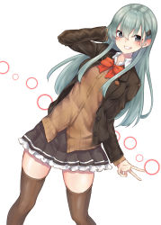 Rule 34 | 1girl, aqua eyes, aqua hair, arm up, blush, bow, bowtie, breasts, brown jacket, brown skirt, brown thighhighs, cardigan, frilled skirt, frills, grin, hair ornament, hairclip, highres, jacket, kamidanomi, kantai collection, long hair, long sleeves, looking at viewer, medium breasts, open cardigan, open clothes, pleated skirt, red bow, red bowtie, school uniform, shirt, skirt, smile, solo, suzuya (kancolle), teeth, thighhighs, white shirt