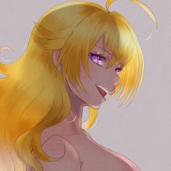 Rule 34 | 1girl, ahoge, antenna hair, armpits, arms at sides, bare shoulders, blonde hair, bra, unworn bra, breasts, unworn clothes, collarbone, completely nude, eyelashes, female focus, from side, grey background, happy, highres, large breasts, long hair, long image, looking at viewer, messy hair, neck, no bra, nude, open mouth, profile, purple eyes, riri (artist), rooster teeth, roosterteeth, rwby, seductive smile, sexually suggestive, sideboob, sidelocks, simple background, smile, solo, standing, tall image, topless, topless frame, underwear, unworn underwear, upper body, very long hair, yang xiao long