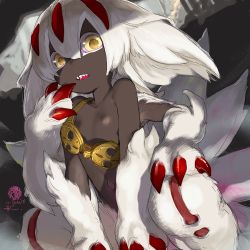 Rule 34 | 1girl, black skin, claws, colored skin, extra arms, faputa, female focus, flat chest, fur, made in abyss, monster girl, navel, rikken (mkerick9), sharp teeth, solo, teeth, white hair, yellow eyes