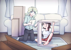 Rule 34 | 2girls, alternate costume, assembling, blonde hair, brown hair, building, couple, diana cavendish, holding, holding paper, kagari atsuko, little witch academia, long hair, multicolored hair, multiple girls, paper, reading, shirt, shorts, sleeves rolled up, socks, table, two-tone hair, usbfan, wavy hair, white shirt, window, wooden floor, yuri