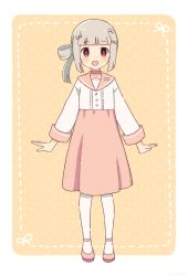 Rule 34 | 1girl, :d, bad id, bad pixiv id, blunt bangs, bow, brown eyes, dress, full body, grey hair, hair bow, hotori (tdkbank), long sleeves, looking at viewer, open mouth, original, pantyhose, pink dress, pink footwear, sailor dress, shoes, side ponytail, simple background, smile, two-tone dress, white dress, white pantyhose, yellow background